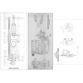 Tegningsst af forgaffel, karburator og motor med drivline